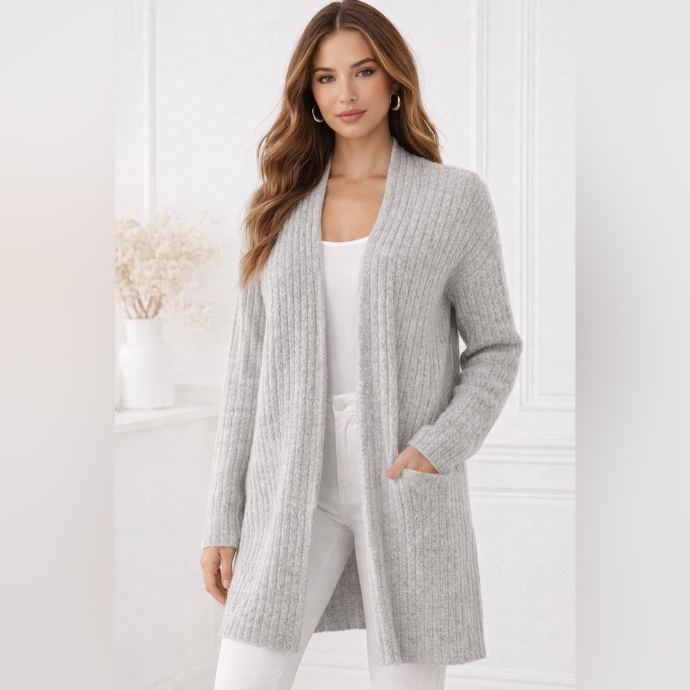 Forever 21 Gray Ribbed Long Cardigan cottagecore Size S Cozy Open Front Sweater